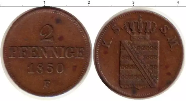 Монета 2 пфеннига Саксонии 1850 года Медь Фридрих Август II