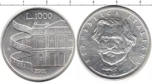 Монета 1000 лир Италии 2001 года Серебро Джузеппе Верди