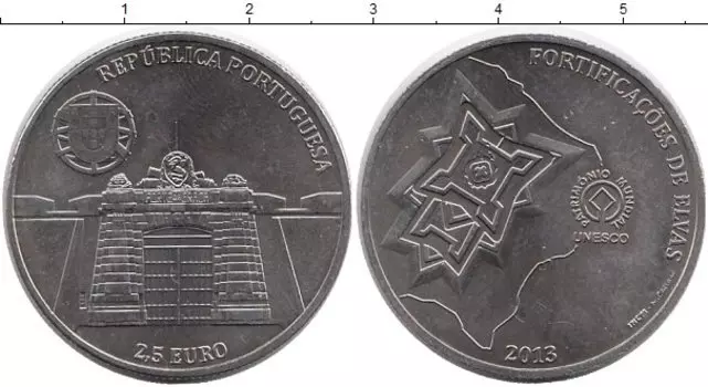 Монета 2 1/2 евро Португалии 2014 года Медно-никель Гарнизонный пограничный город Элваш и его укрепления