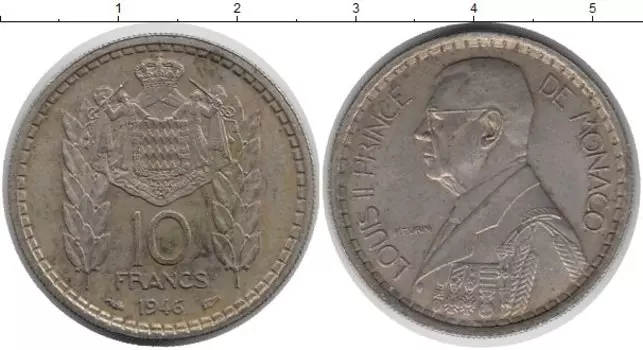 Монета 10 франков Монако 1946 года Медно-никель Луиc II