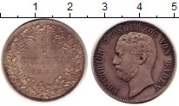 Монета 1/2 гульдена Бадена 1867 года Серебро Фридрих