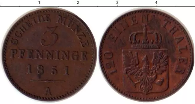 Монета 3 пфеннига Пруссии 1851 года Медь