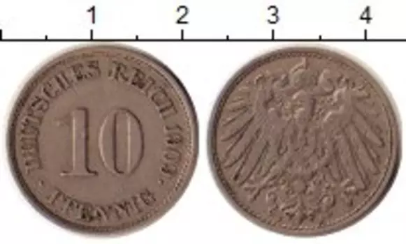 Монета 10 пфеннигов Германии 1909 года Медно-никель J