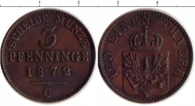 Монета 3 пфеннига Пруссии 1872 года Медь