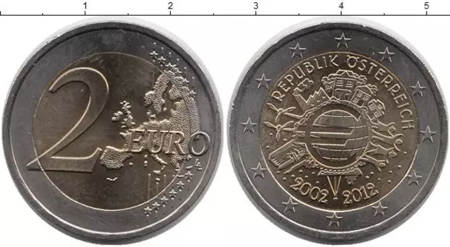 Монета 2 евро Австрии 2012 года Биметалл 10 лет наличному обращению евро