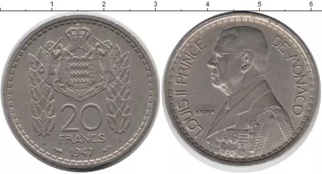Монета 20 франков Монако 1947 года Медно-никель Луиc II