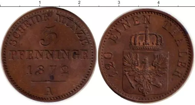 Монета 3 пфеннига Пруссии 1872 года Медь
