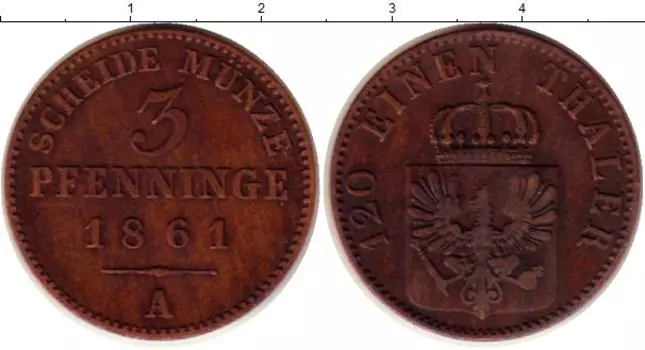 Монета 3 пфеннига Пруссии 1861 года Медь