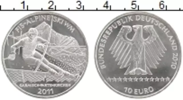 Монета 10 евро Германии 2010 года Серебро Чемпионат мира по горнолыжному спорту 2011 г