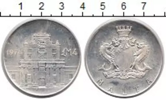 Монета 4 фунта Мальты 1974 года Серебро Королевские ворота