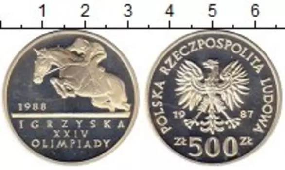 Монета 500 злотых Польши 1987 года Серебро Олимпийские игры,Конный спорт