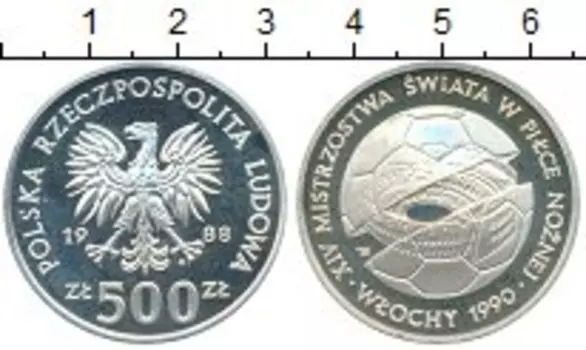Монета 500 злотых Польши 1988 года Серебро Чемпионат Мира по футболу