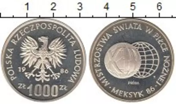 Монета 1000 злотых Польши 1986 года Серебро Чемпионат мира по футболу в Мексике,Проба