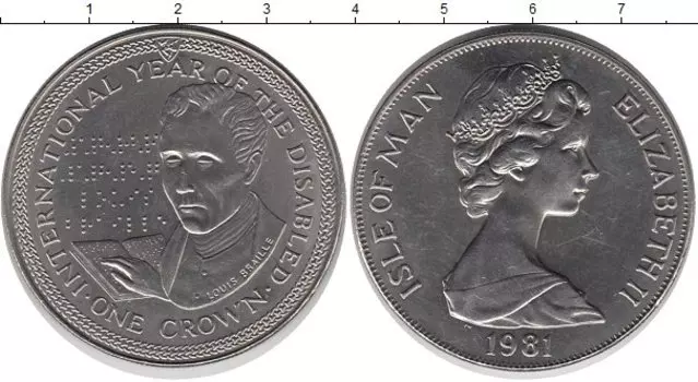 Монета крона Острова Мэн 1981 года Медно-никель Год инвалидов, Луи Брайль