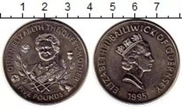 Монета 5 фунтов Гернси 1995 года Медно-никель Королева-мать