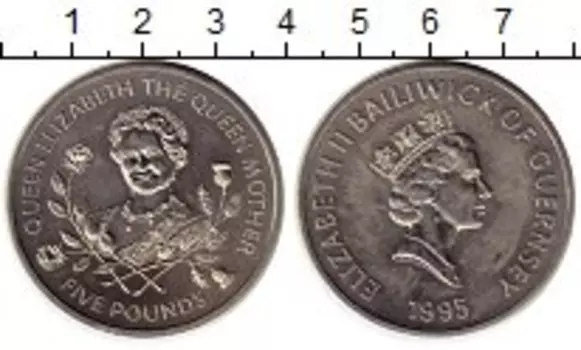 Монета 5 фунтов Гернси 1995 года Медно-никель Королева-мать