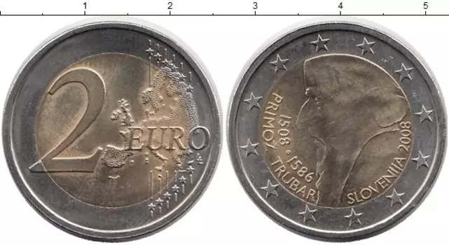 Монета 2 евро Словении 2008 года Биметалл 500-я годовщина рождения Приможа Трубара
