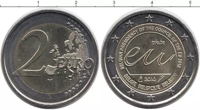 Монета 2 евро Бельгии 2010 года Биметалл Председательство Бельгии в Евросоюзе