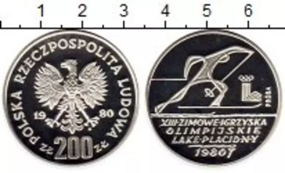 Монета 200 злотых Польши 1980 года Серебро Олимпийские игры,лыжи,проба