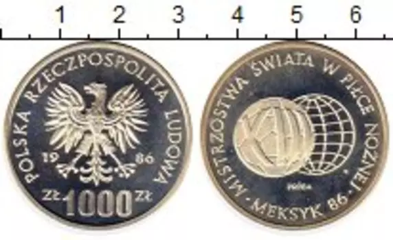 Монета 1000 злотых Польши 1986 года Серебро Чемпионат мира по футболу в Мексике,проба