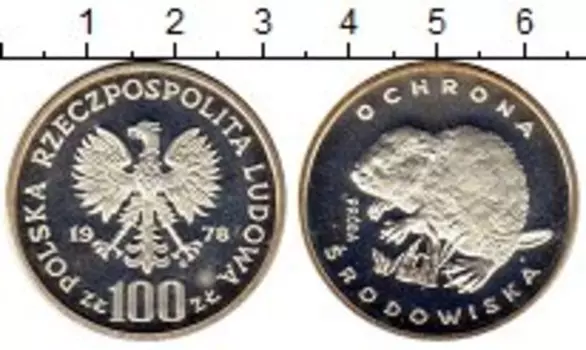 Монета 100 злотых Польши 1978 года Серебро Охрана окружающей среды,бобр,Проба