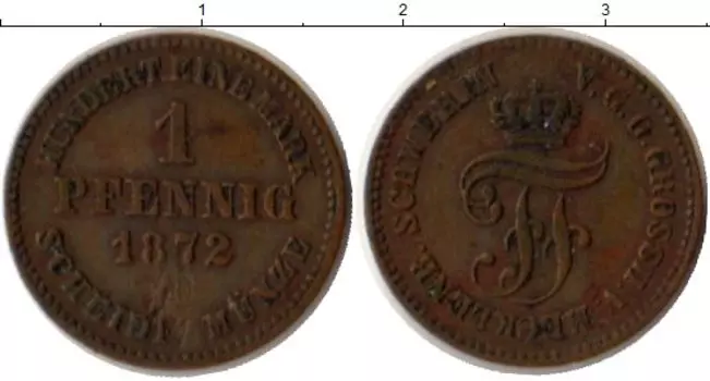 Монета пфенниг Мекленбург-Шверина 1872 года Медь
