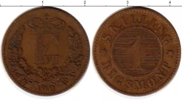 Монета скиллинг Дании 1860 года Бронза Фредерик VII