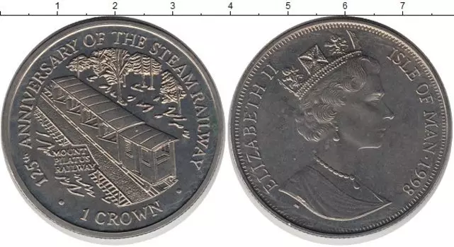 Монета крона Острова Мэн 1998 года Медно-никель 125лет железной дороге MOUNT PILATUS RAILWAY