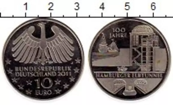Монета 10 евро Германии 2011 года Медно-никель 100 лет туннелю под Эльбой в Гамбурге