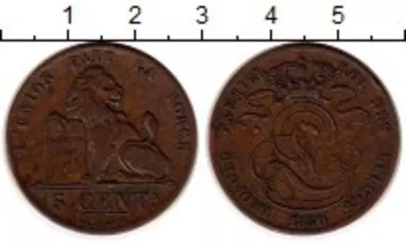 Монета 5 сантим Бельгии 1850 года Медь Лев