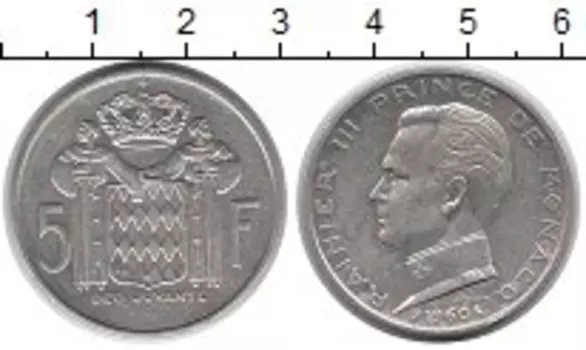 Монета 5 франков Монако 1960 года Серебро Ренье III