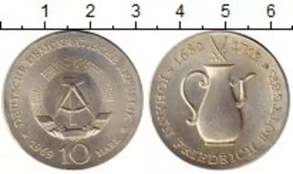 Монета 10 марок ГДР 1969 года Серебро 250-летие со дня смерти Иоганна Фридриха Ботгера