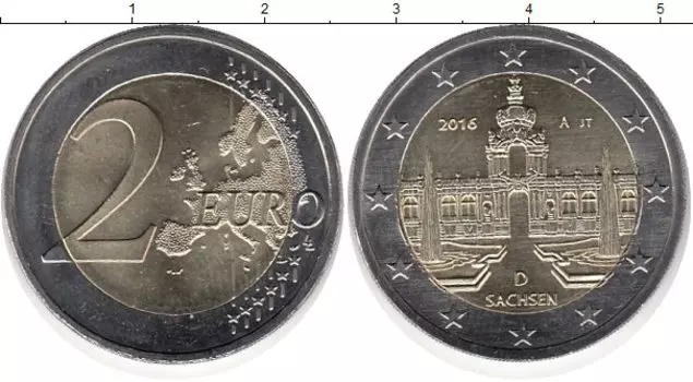 Монета 2 евро Германии 2016 года Биметалл A,Федеральные земли: Саксония Дворец Цвингер, Дрезден