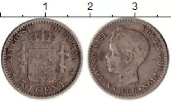 Монета 50 сентим Испании 1900 года Серебро Альфонсо XIII