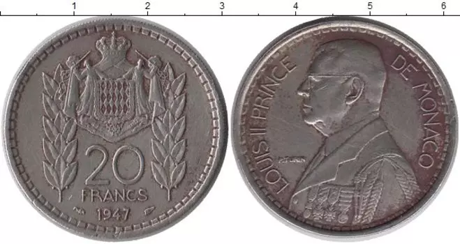 Монета 20 франков Монако 1947 года Медно-никель Луи II