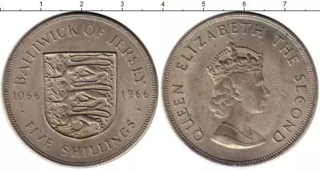 Монета 5 шиллингов Острова Джерси 1966 года Медно-никель 900 лет битве при Гастингсе