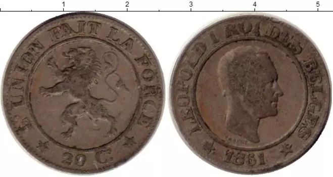 Монета 20 сантим Бельгии 1861 года Медно-никель Леопольд I