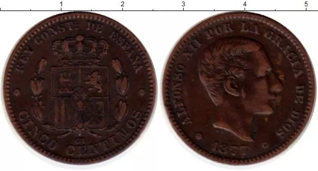 Монета 5 сентим Испании 1877 года Медь Альфонсо XII