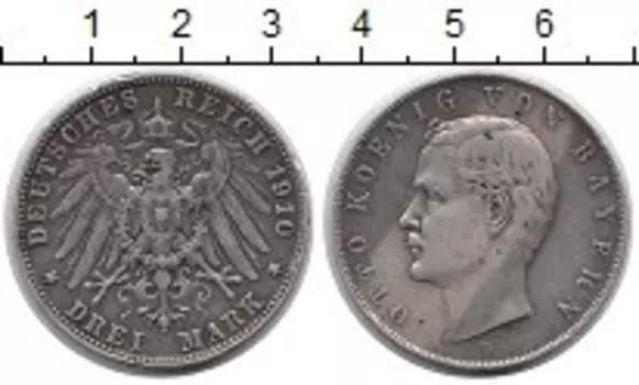 Монета 3 марки Баварии 1910 года Серебро D Отто