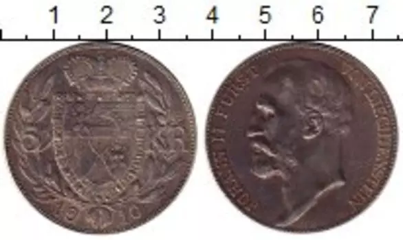 Монета 5 крон Лихтенштейна 1910 года Серебро Иоганн II