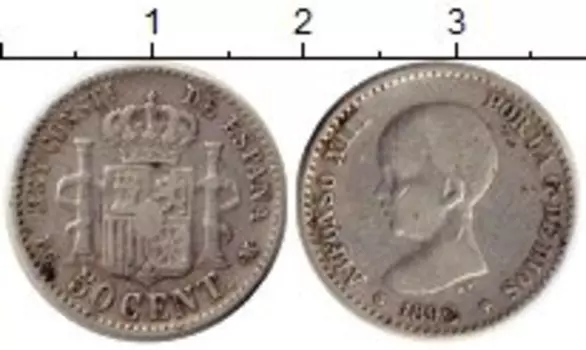 Монета 50 сентим Испании 1892 года Серебро Альфонсо XIII