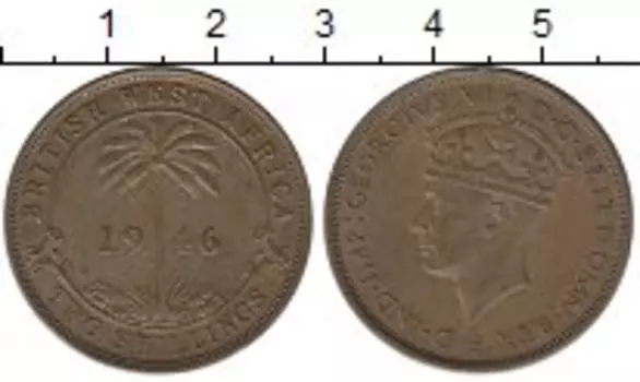 Монета 2 шиллинга Западной Африки 1946 года Латунь Георг VI