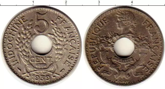 Монета 5 центов Индокитая 1939 года Медно-никель