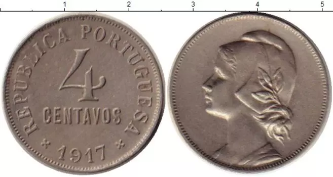 Монета 4 сентаво Португалии 1917 года Медно-никель