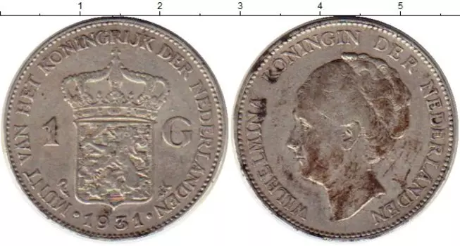 Монета гульден Нидерланд 1931 года Серебро Вильгельмина
