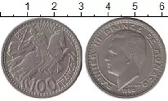 Монета 100 франков Монако 1950 года Медно-никель Ренье III