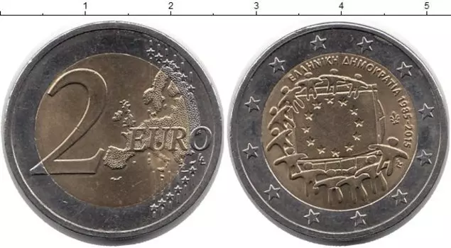 Монета 2 евро Греции 2015 года Биметалл 30 лет флагу Евросоюза