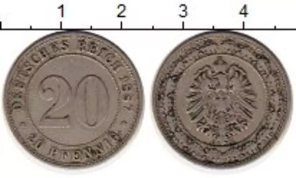 Монета 20 пфеннигов Германии 1887 года Медно-никель А