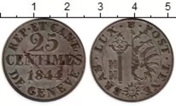 Монета 25 сантим Женевы 1844 года Серебро