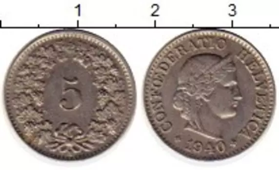 Монета 5 рапп Швейцарии 1940 года Медно-никель В
